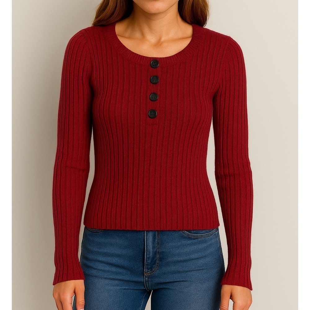 American Eagle Rust Red Ribbed Long Sleeve Henley Crewneck Sweater Shirt Top SML